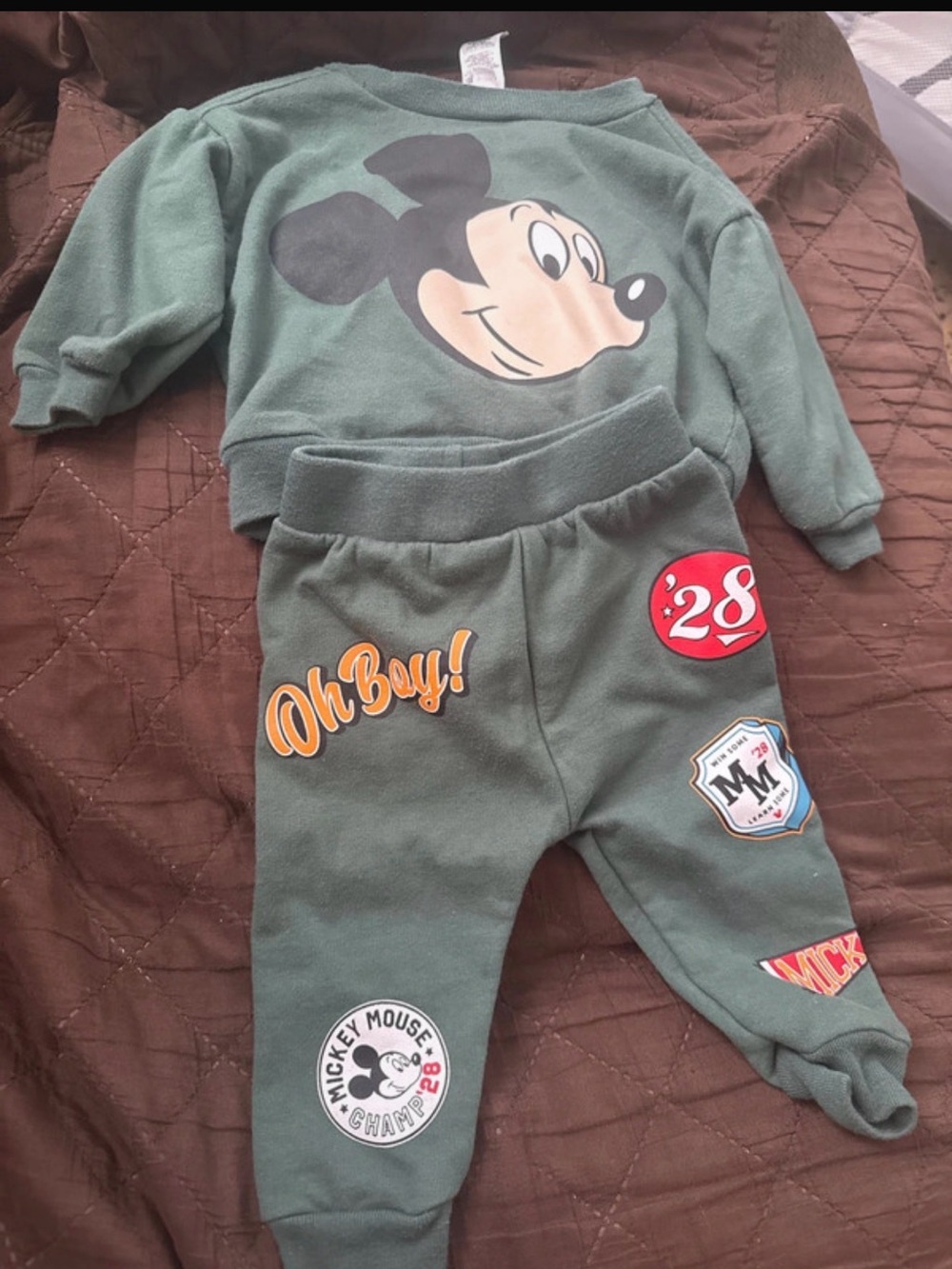 Disney Green Mickey Mouse Kids Jogger Set with Patches